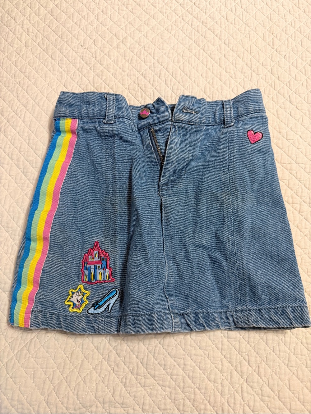 Disney Princesses Girls' Blue Denim Skirt with Rainbow Stripe and Patches